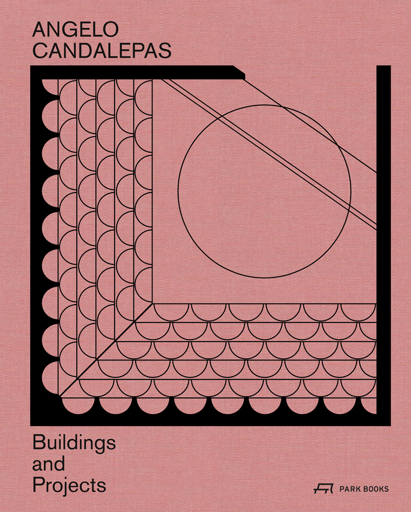 Salmon pink cover with black scale patterns and circle, Angelo Candalepas Buildings and Project in black font above and below.