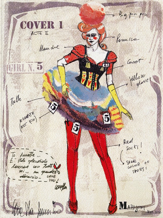 Costume design illustration of female in red pom-pom hat, a tulle, and red socks, on cover of 'Glamour, The Magic World of Costumes', by Edition Lammerhuber.