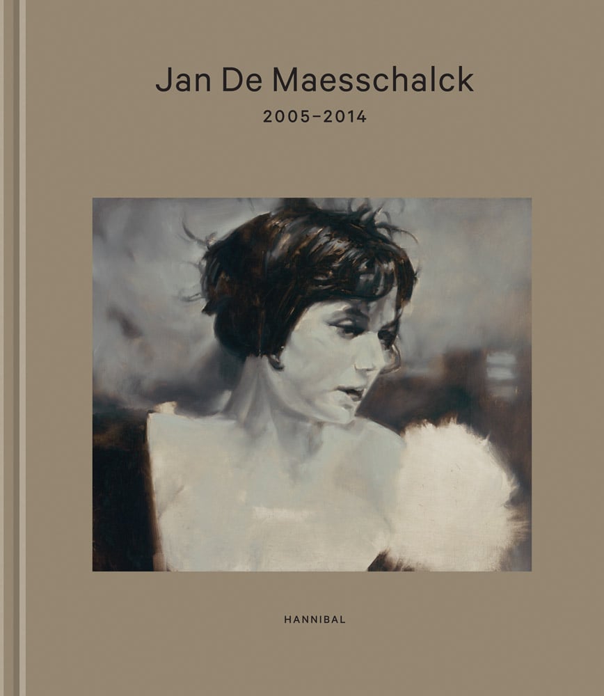 Duotone painting of woman with distant look, on brown cover of 'Jan De Maesschalck, 2005-2014', by Hannibal Books.