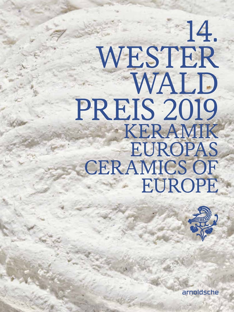 Close up of white textured ceramic surface, 14th Westerwald Preis 2019 Kermik Europas Ceramics of Europe in blue capitals font to right.