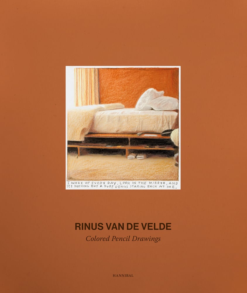 Colour drawing of unmade bed, on tan brown cover of 'Rinus Van de Velde', by Hannibal Books.
