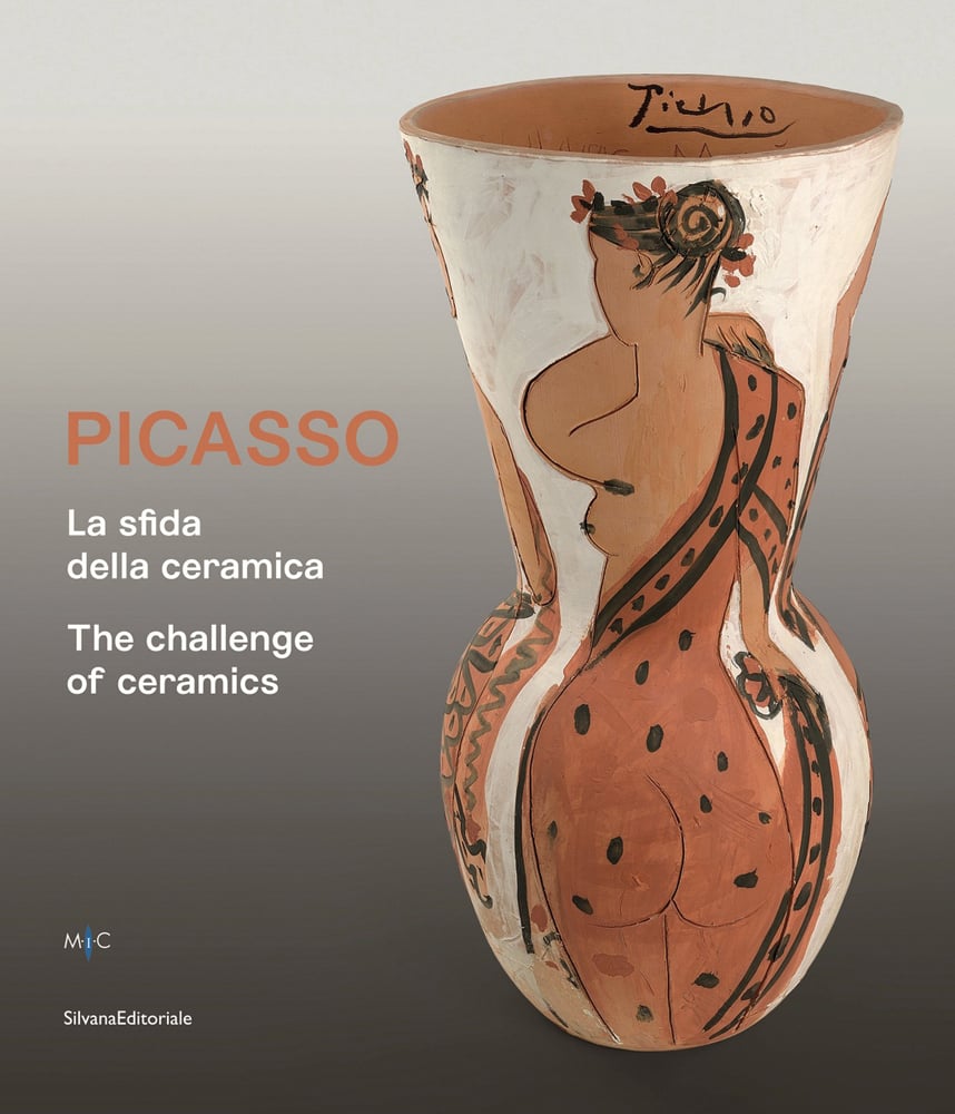 The four season ceramic vase by Pablo Picasso with back of nude female figure on front, grey cover, PICASSO The challenge of ceramics in orange and white font to centre left.