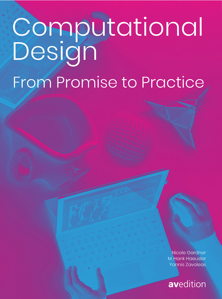 Blue and pink filter over image of laptop with hand on mouse, on cover of 'Computational Design, From Promise to Practice', by Avedition Gmbh.