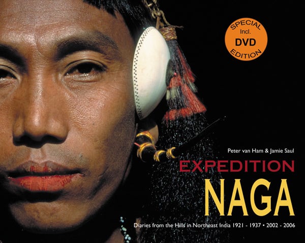 Portrait of northeast Indian male in traditional headdress, on cover of 'Expedition Naga,Diaries from the Hills in Northeast India 1921 - 1937 and 2002 - 2006', by ACC Art Books.