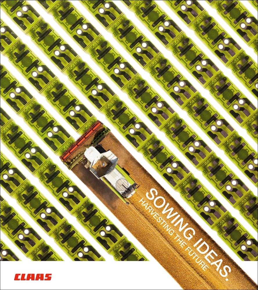 Aerial photograph of a combine harvester driving through green circuit board graphic, on cover of 'Sowing Ideas Harvesting the Future', by Delius Klasing.