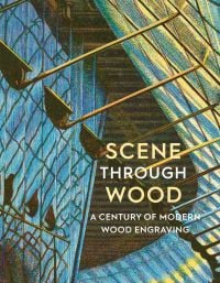 Colour print of roof in blue, brown, yellow, on cover of Scene Through Wood, A Century of Modern Wood Engraving', by Ashmolean Museum.