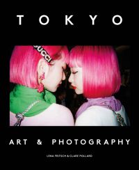 Two Japanese girls with bright pink bob hair cuts, on black cover of 'Tokyo, Art & Photography', by Ashmolean Museum.