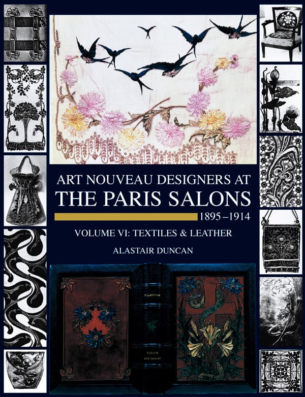 Appliqued fabric with swifts swooping above pink and yellow flowers, on cover of 'Paris Salons 1895-1914, Vol 6: Textiles & Leather', by ACC Art Books.