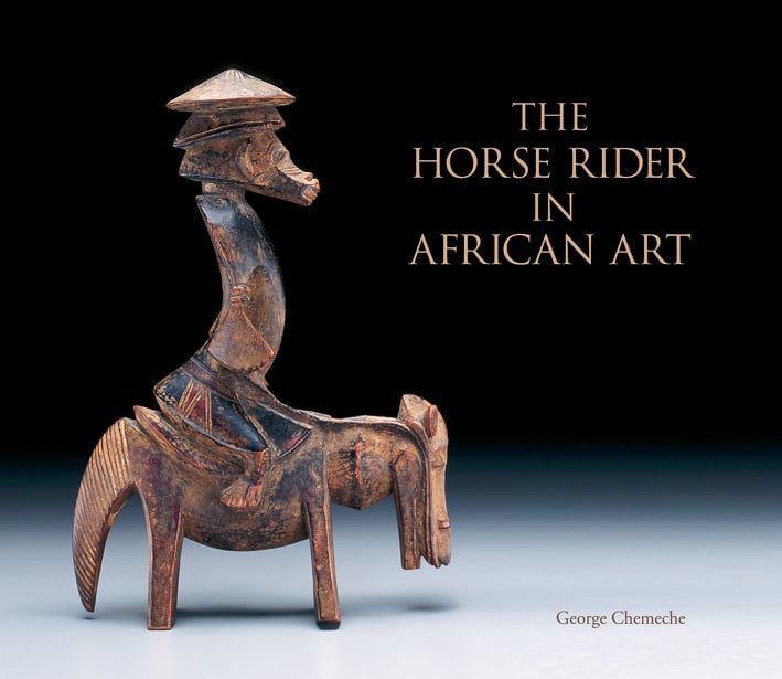 Carved wood African figure of horse and rider, on cover of 'Horse Rider in African Art', by ACC Art Books.