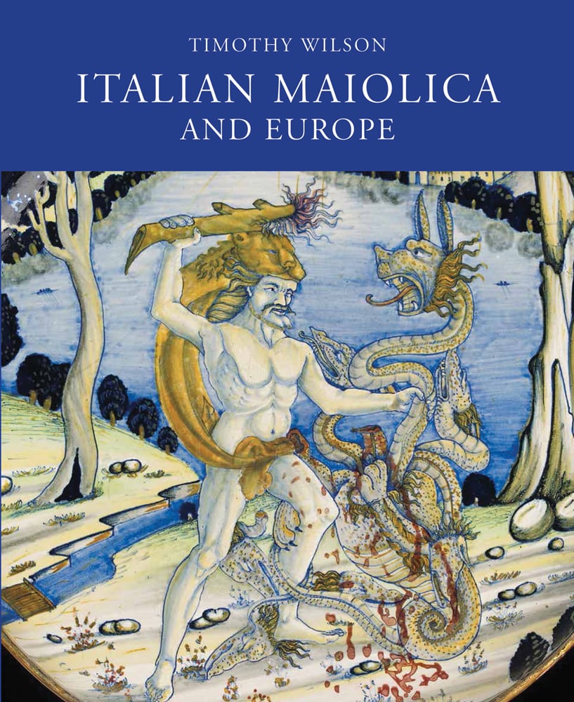 Lustred maiolica bowl, “Hercules and the Hydra", on cover of 'Italian Maiolica and Europe, Medieval and Later Italian Pottery in the Ashmolean Museum', by Ashmolean Museum.