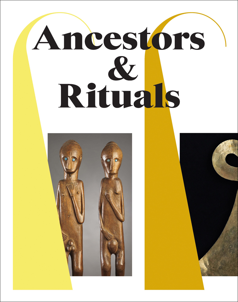 2 carved wood figures on white cover with gold hook strips with Ancestors & Rituals in black font