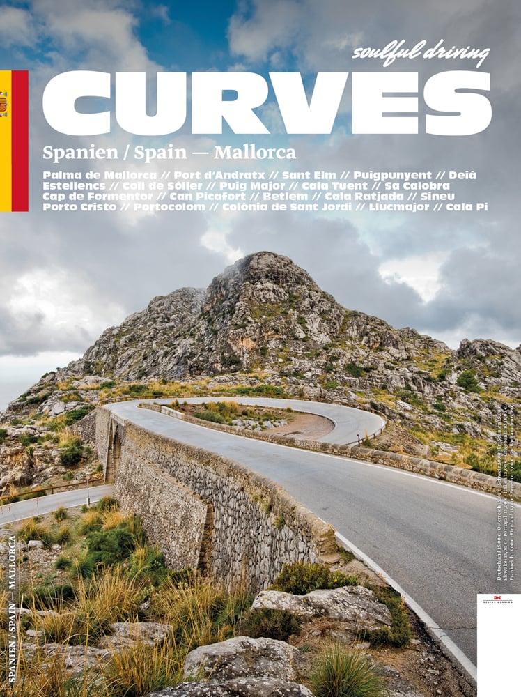 Curved road with mountainous landscape behind, on cover of 'Curves: Mallorca', by Delius Klasing.