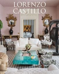 Luxury interior with patterned rug, gold mirrors, cream furnishings, carved statue, on cover of 'Lorenzo Castillo', by Ediciones El Viso.
