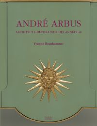 Neoclassical sideboard in turquoise blue, 1942, with gold metal decorative head with star shape, on cover of 'André Arbus', by Editions Norma.