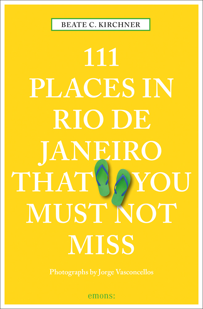 Pair of green flipflops near centre of 'bright yellow cover of '111 Places in Rio de Janeiro That You Must Not Miss', by Emons Verlag.