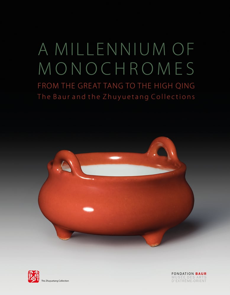 Book cover of A Millennium of Monochromes: From the Great Tang to the High Qing. The Baur and the Zhuyuetang, with an orange glazed ceramic bowl with handles. Published by Five Continents Editions.