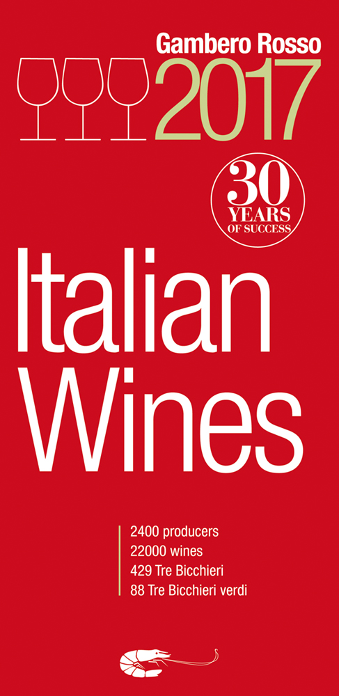 Three wine glasses to top left of red cover of 'Italian Wines 2017', by Gambero Rosso.