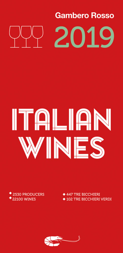 White capitalised font on red cover of 'Italian Wines 2019', by Gambero Rosso.