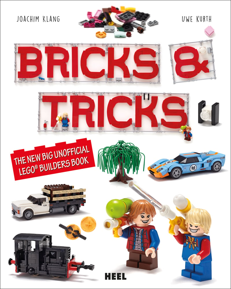 White cover with two LEGO characters, car, train, tree and truck, on cover of 'Bricks & Tricks, The New Big Unofficial LEGO (R) Builders Book', by HEEL.