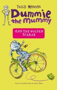 Egyptian mummy riding bike wearing gold scarab necklace, on yellow cover of 'Dummie the Mummy and the Golden Scarab', by Lannoo Publishers.