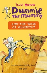Golden camel with small child and Egyptian mummy on back, in desert with pyramids, on cover of 'Dummie the Mummy and the Tomb of Akhnetut', by Lannoo Publishers.