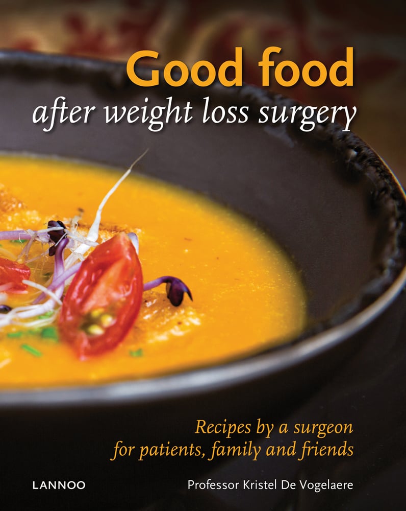 Bowl of orange soup, tomato and bean sprouts as garnish, on cover of 'Good Food After Weight Loss Surgery, Recipes by a Surgeon for Patients, Family and Friends', by Lannoo Publishers.
