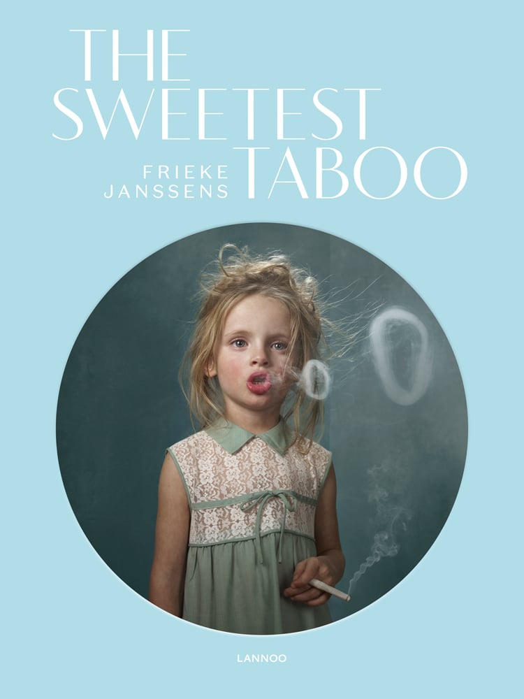 Young blonde child in sleeveless white and green dress, smoking a cigarette, on cover of 'The Sweetest Taboo', by Lannoo Publishers.