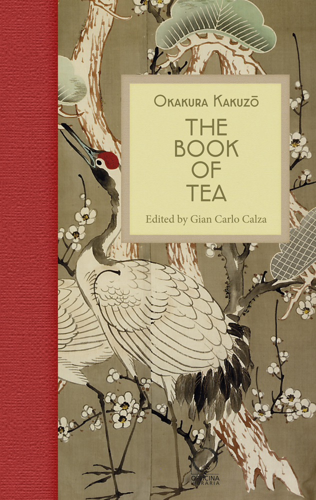 Oriental white stork, with white blossom on trees, brown cover, Book of Tea in gold font on cream square above.