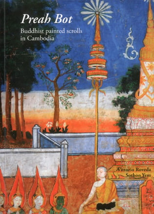 Canvas painting with Buddhist monk sitting near temple, on cover of 'Preah Bot', by River Books.