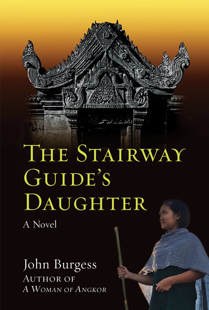Stone carved temple doorway with female Cambodian holding walking stick, to cover 'The Stairway Guide's Daughter', by River Books.