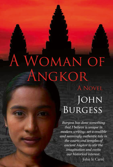 Thai female with silhouette of temple behind with red sky, on cover of 'A Woman of Angkor', by River Books.