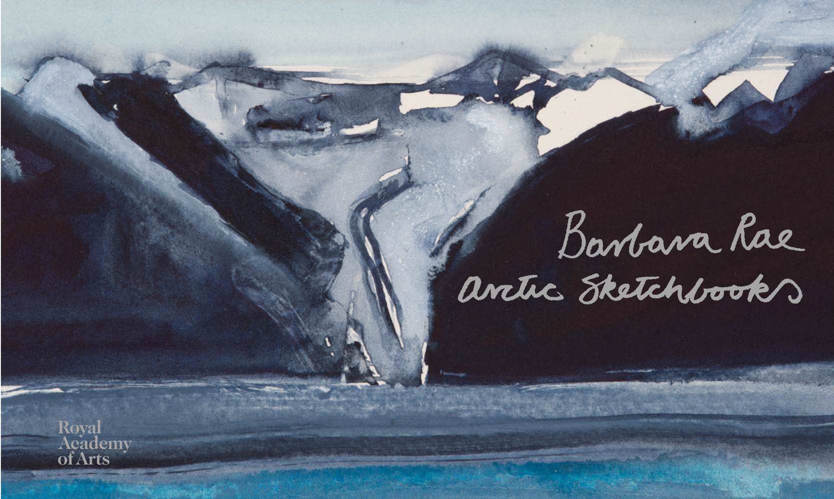 Sketched painting of artic landscape in blue and white, to landscape cover of 'Barbara Rae artic sketchbooks', by Royal Academy of Arts.