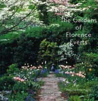 Book cover of The Gardens of Florence Everts, with a garden path with pink tulips and a blossom tree. Published by Spacemaker Press.