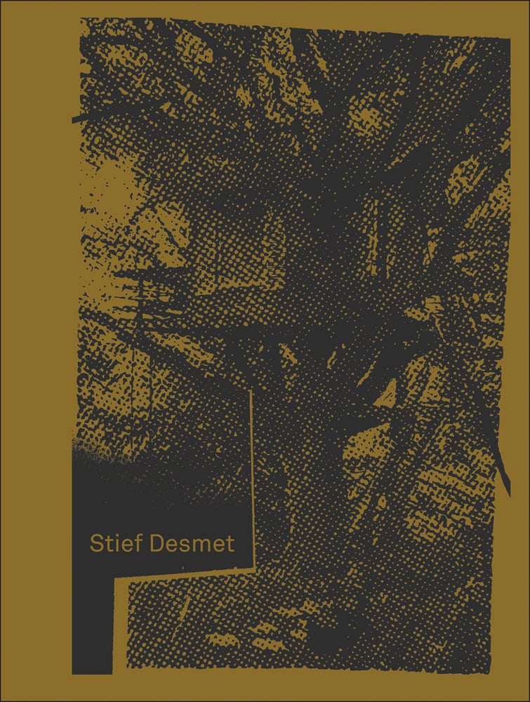 Black pixelated tree on dark gold cover of 'Stief Desmet', by Hannibal Books.