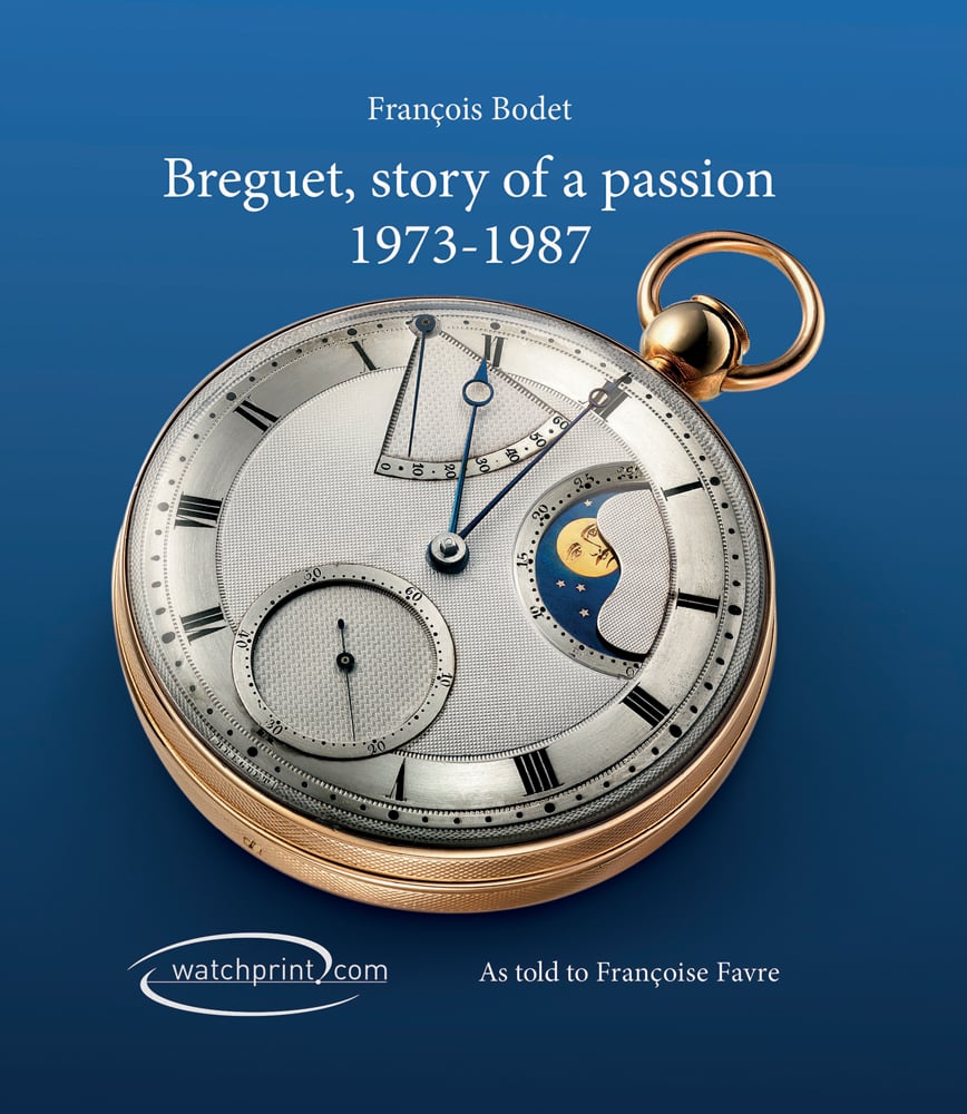 Blue book cover of Breguet, Story of a Passion, 1973-1987, featuring a gold pocket watch with moon phases. Published by Watchprint.com.