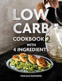 Plate of fish cakes on bed of green cabbage, pot of utensils to side, on cover of 'Low Carb Cookbook with 4 Ingredients 2, by Lannoo Publishers.