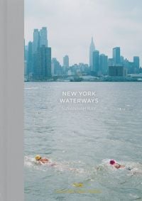 Book cover of Susannah Ray's New York Waterways, with two swimmers in the Hudson River, with New York City behind. Published by Hoxton Mini Press.