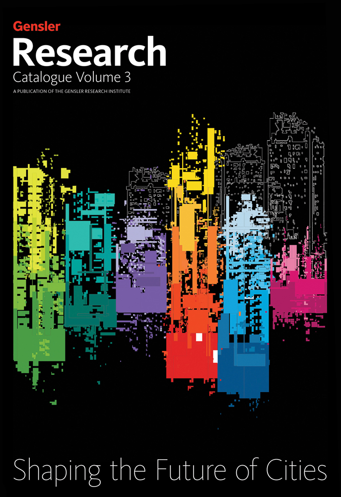 Multicoloured graphic of high rise cityscape, black cover, Gensler Research Catalogue, Volume 3 in red and white font to top left.