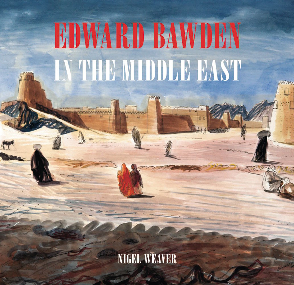 Watercolour of Middle eastern desert landscape with turreted buildings and robed figures, on cover of 'Edward Bawden in the Middle East 1940 - 1944', by ACC Art Books.