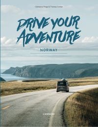 Campervan traveling on road towards Norwegian coastal landscape, on cover of 'Drive Your Adventure Norway', by Lannoo Publishers.