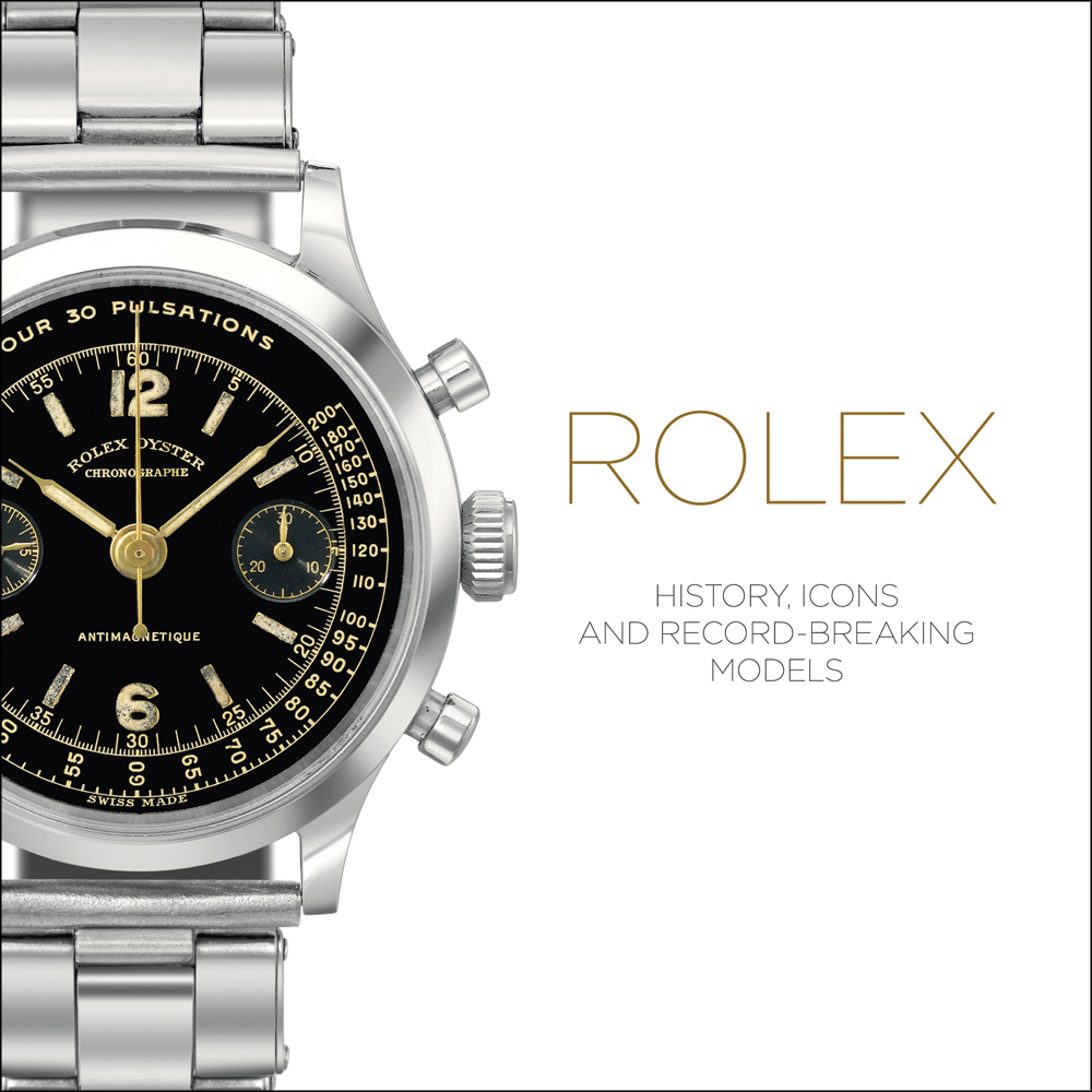 Silver Rolex oyster watch, with black face, on white cover of 'Rolex, History, Icons and Record-Breaking Models', by ACC Art Books.