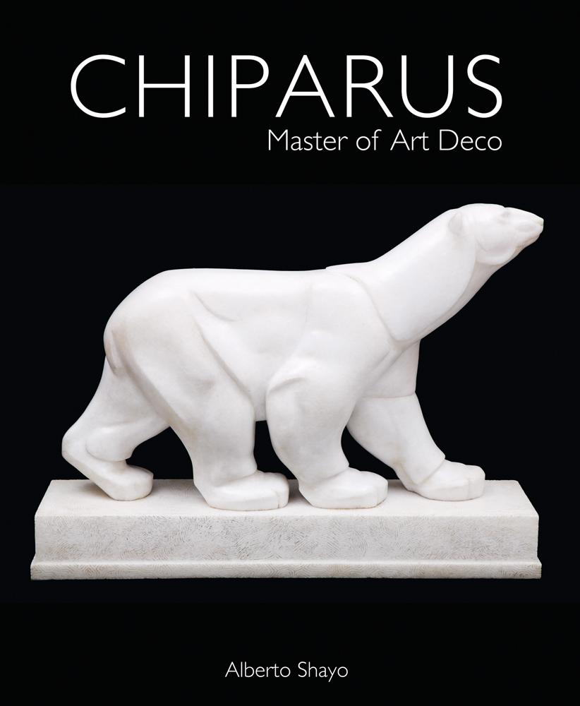 White stone carved sculpture of Polar bear on plinth by Demétre Chiparus, on black cover of 'Chiparus Master of Art Deco Alberto Shayo, by ACC Art Books.