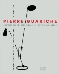 Black silhouette of tall adjustable lamp, on grey cover of 'Pierre Guariche', by Editions Norma.