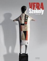 Abstract ceramic figure on black plinth on grey cover of 'Vera Székely', Editions Norma.