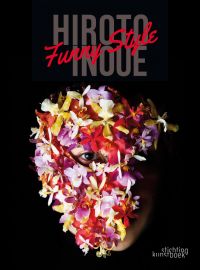 Black book cover of Hiroto Inoue, Funny Style, with a face covered in red, purple and pale yellow flowers. Published by Stichting.