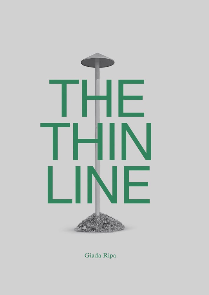 Pale grey cover of The Thin Line, featuring a tall post with shallow cone shape on top. Published by 5 Continents Editions.