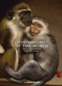 Two monkeys grasping one another, two cherries to lower right, on cover of 'The Origins of the World, Invention of nature at the time of Darwin', by Editions Gallimard.