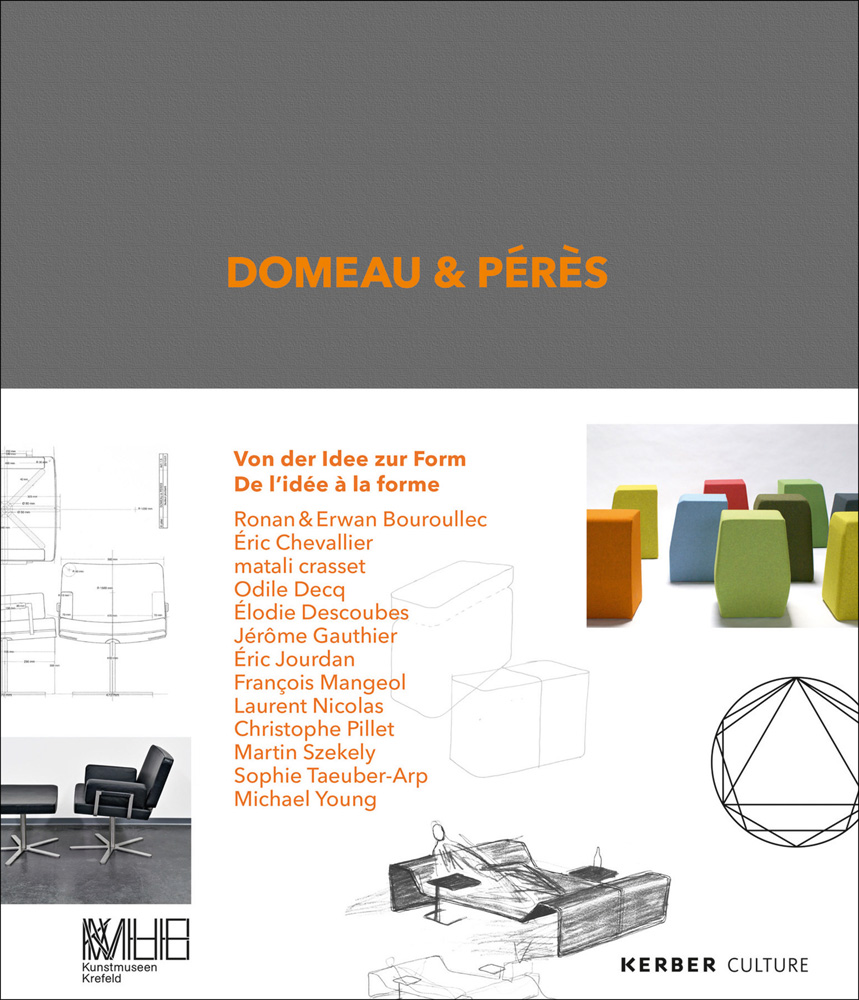 White cover with top grey banner, Domeau & Pérès and list of designers in orange font with product sketches and photo