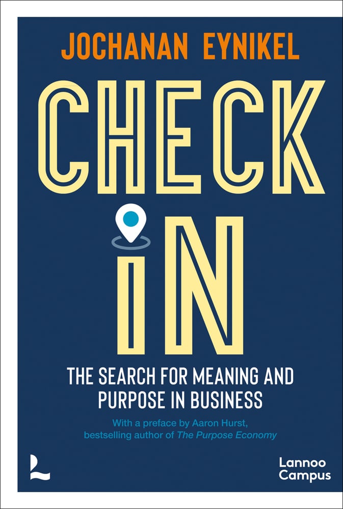 Dark blue cover of 'Check-In, The Search for Meaning and Purpose in Business', by Lannoo Publishers.