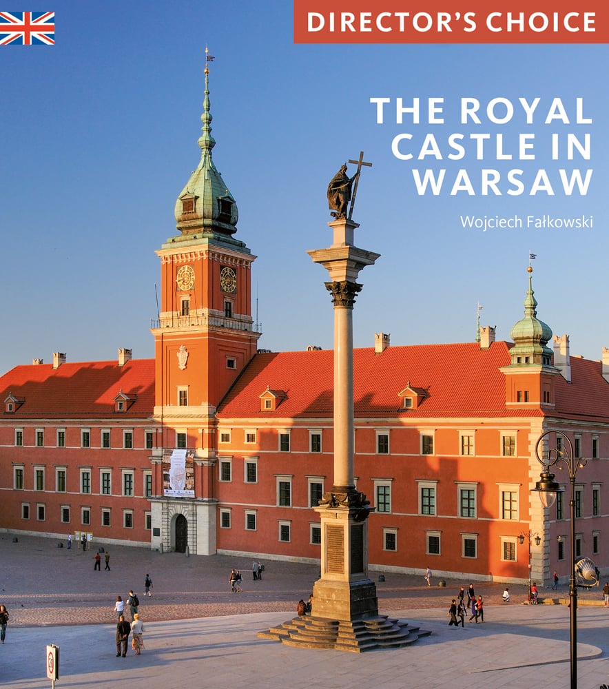 The Royal Castle Warsaw under blue sky, THE ROYAL CASTLE WARSAW in white font to upper right.